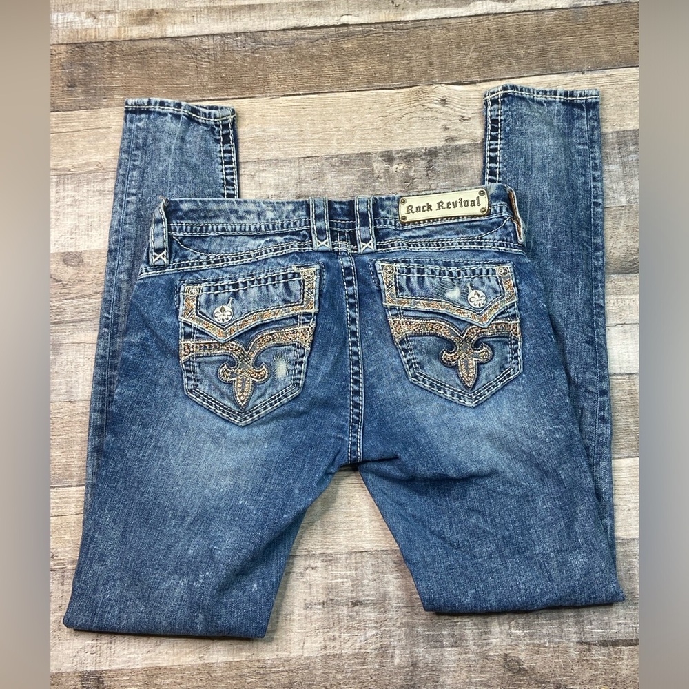 Rock Revival Blue Skinny Barry Jeans Women’s 29 Distressed Faux Flap Low Rise